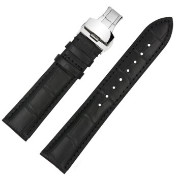 20mm Genuine Leather Watch Band Strap  Black Deployment Buckle
