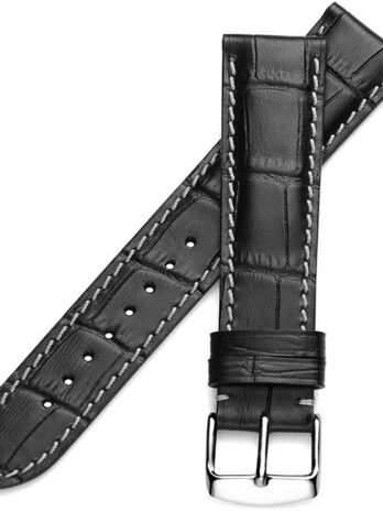 18mm Genuine Leather Watch Band Strap Fits STRAP Black with White Stitch WATCH Black with White Stitch