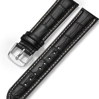 22mm Genuine Leather Watch Band Strap Black with White Stitch