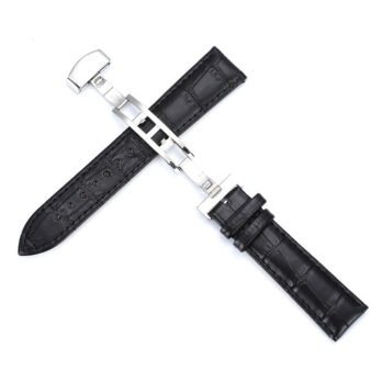 20mm Genuine Leather Watch Band Strap  Black Deployment Buckle
