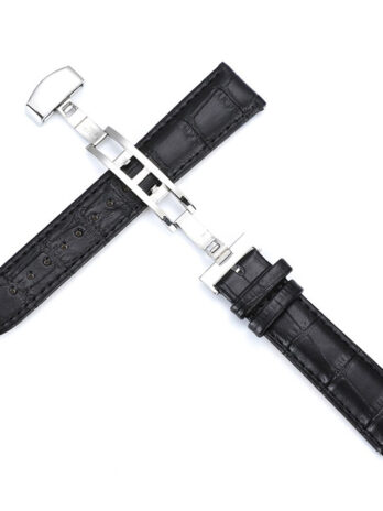 23mm Genuine Leather Black Watch Band Strap for Men and Women | Comfortable and Durable Material | Deployment Silver Buckle-D3