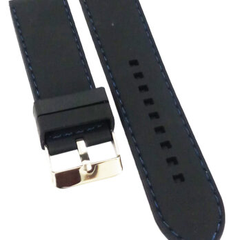 22mm Silicone Rubber Watch Band Strap Black With Blue Stich Pin Buckle -BWB-96