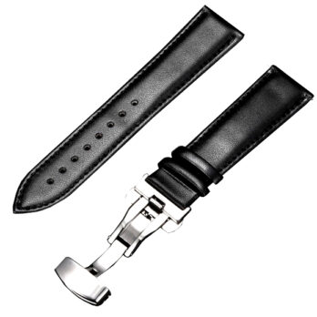 23mm Genuine Leather Black Watch Band Strap for Men and Women | Comfortable and Durable Material | Deployment Silver Buckle-D1