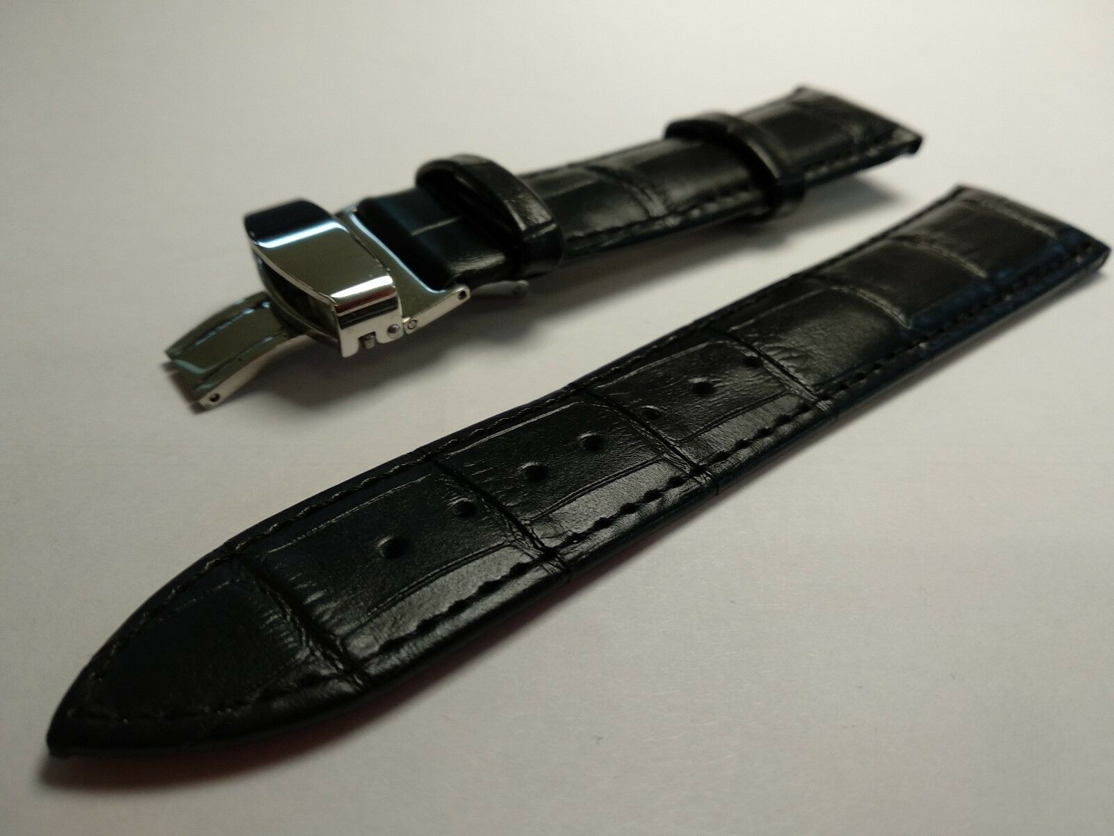 18mm Genuine Leather Black Watch Band Strap for Men and Women | Comfortable and Durable Material | Deployment Silver Buckle-D2 - Image 2