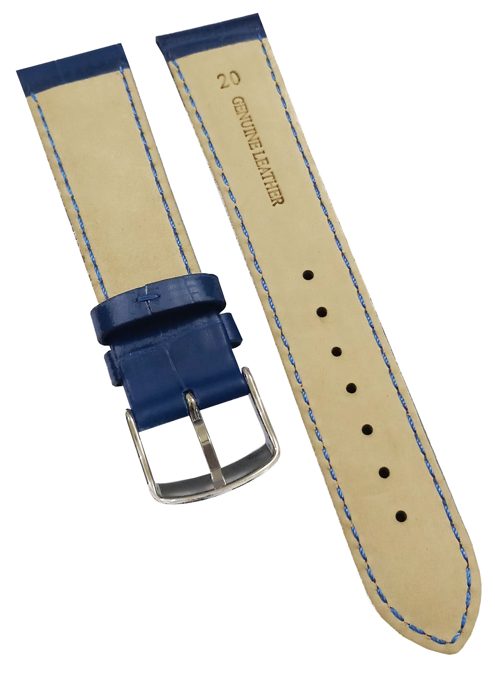 20mm Genuine Leather Watch Band Strap Fits HYDRO CONQUEST Blue Wih Blue Stich Pin Buckle - Image 5