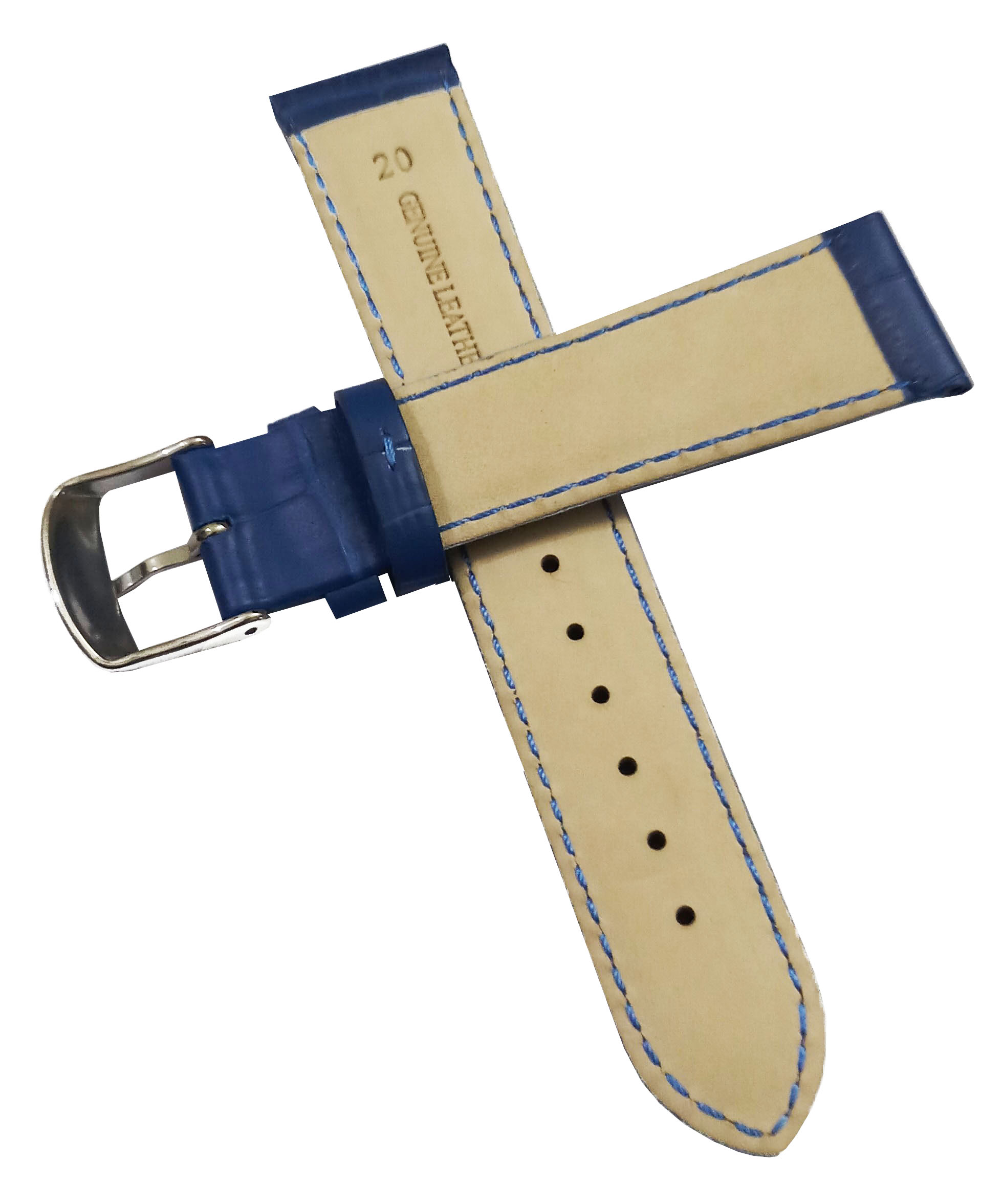 20mm Genuine Leather Watch Band Strap Fits HYDRO CONQUEST Blue Wih Blue Stich Pin Buckle - Image 6
