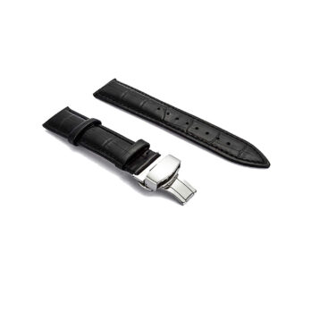 23mm Genuine Leather Black Watch Band Strap for Men and Women | Comfortable and Durable Material | Deployment Silver Buckle-D3