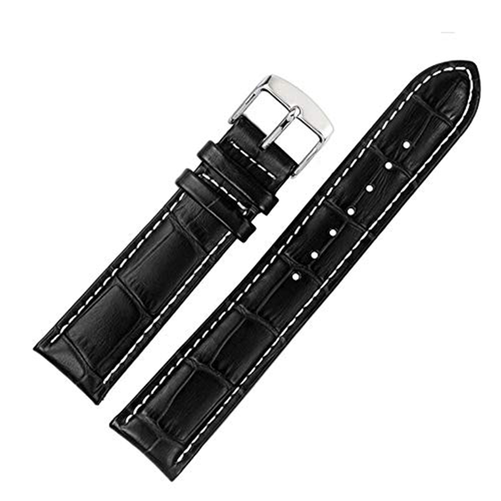 21mm Genuine Leather Watch Band Strap Fits BAMBINO FAC00005W AUTO Black With White Stich Silver Buckle