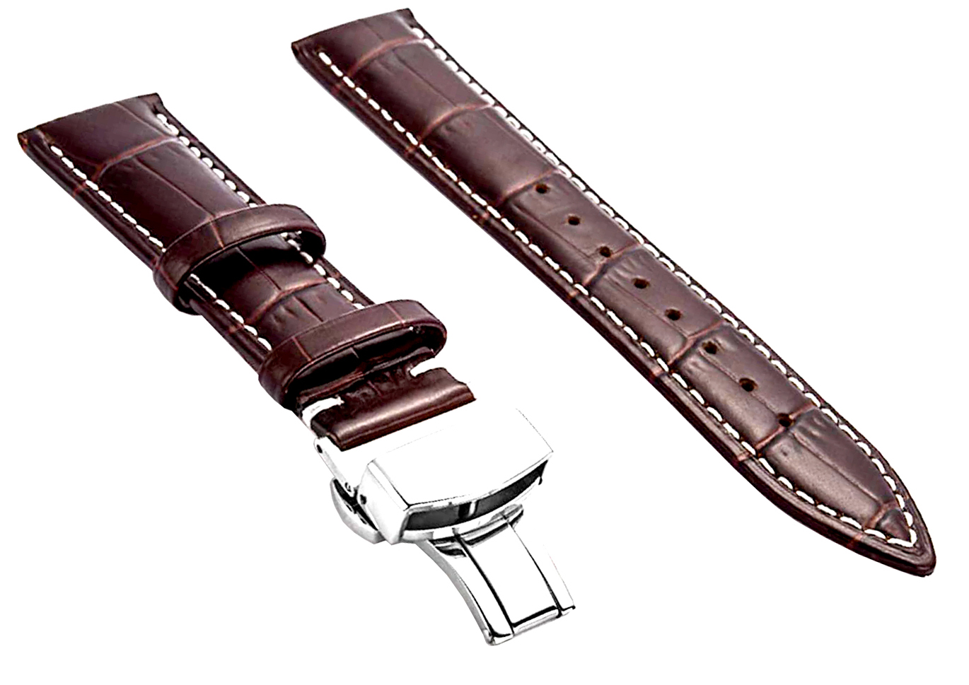 22mm Genuine Leather Watch Band Strap Fits ITALIAN Brown With White Stich Deployment Silver Buckle