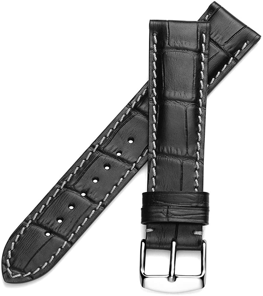 21mm Genuine Leather Watch Band Strap Fits BAMBINO FAC00005W AUTO Black With White Stich Silver Buckle - Image 2