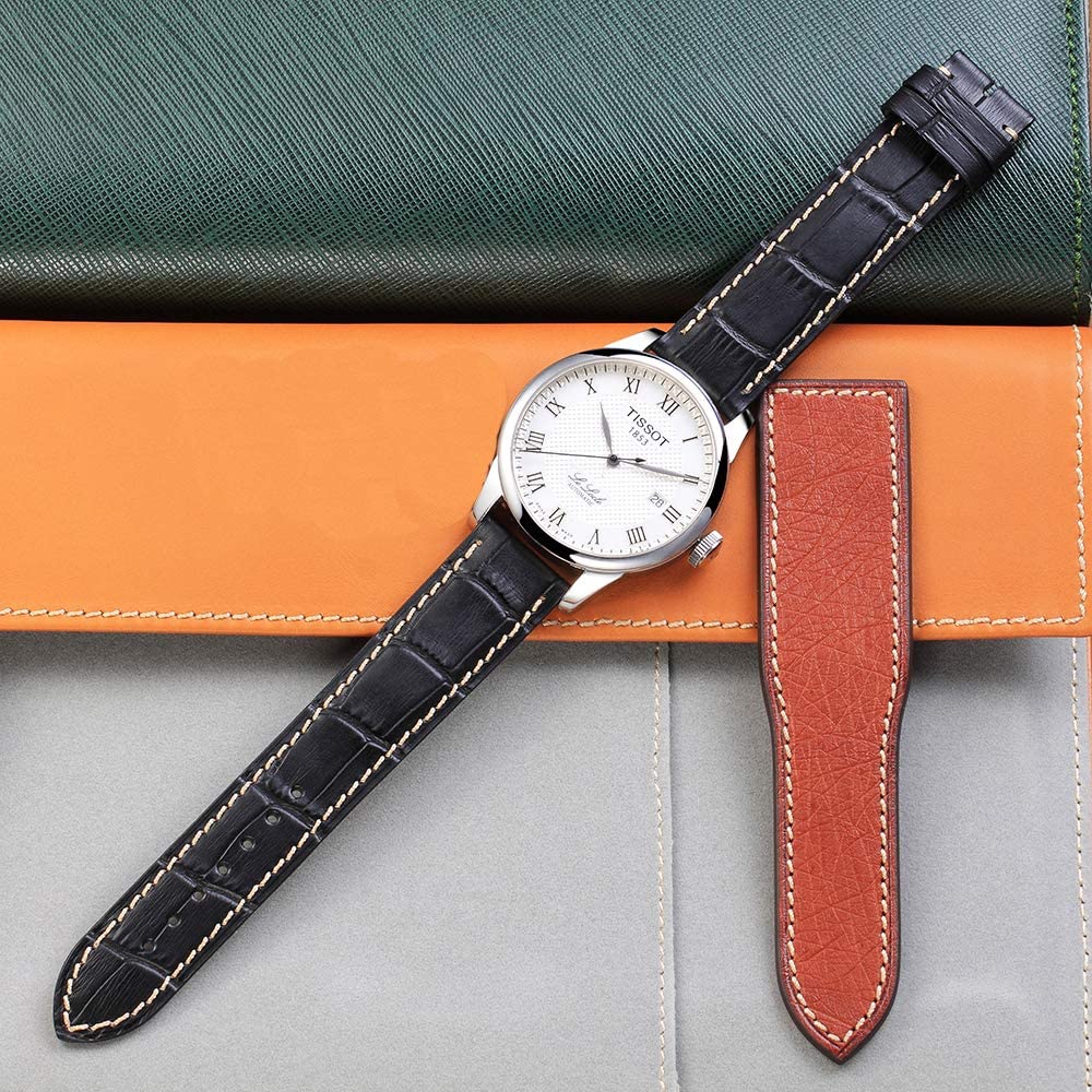 21mm Genuine Leather Watch Band Strap Fits BAMBINO FAC00005W AUTO Black With White Stich Silver Buckle - Image 3
