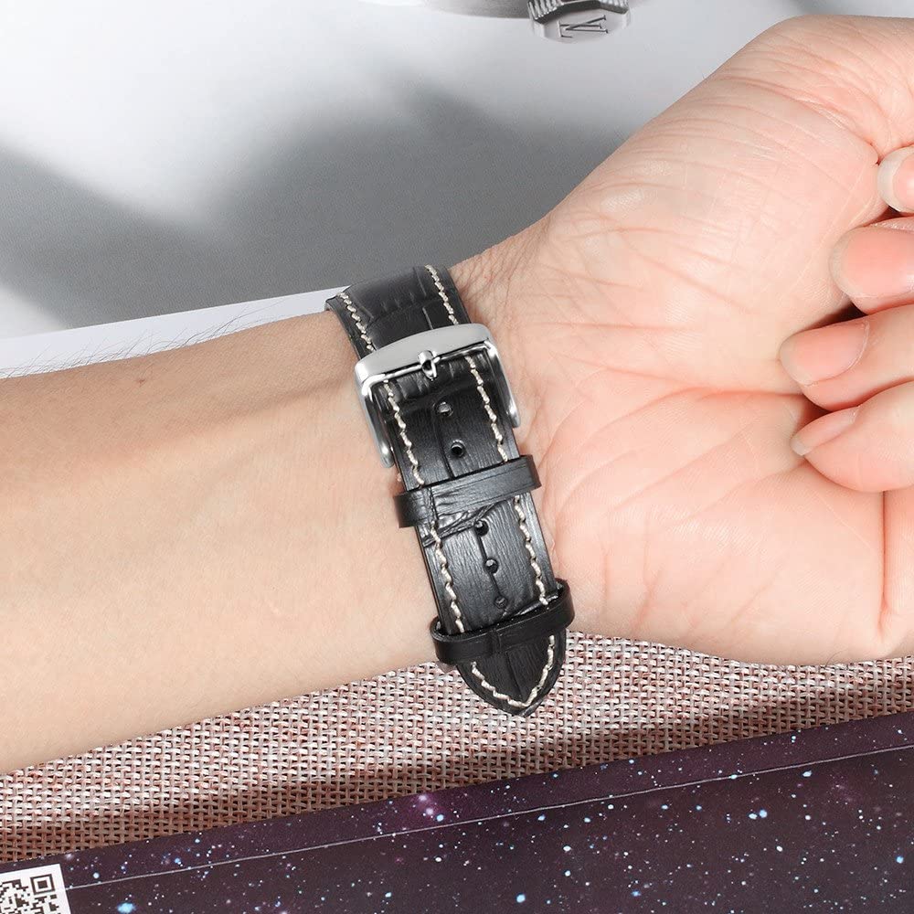 21mm Genuine Leather Watch Band Strap Fits BAMBINO FAC00005W AUTO Black With White Stich Silver Buckle - Image 5