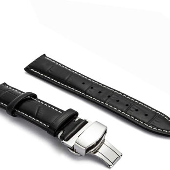 22mm Genuine Leather Watch Band Strap Fits PIGUET Black With White Silver Deployment Buckle