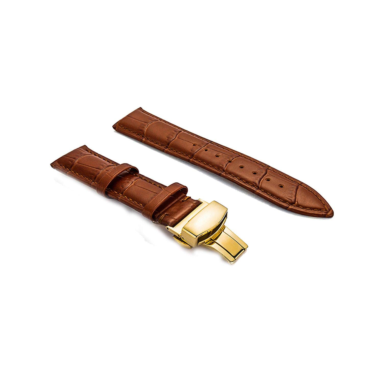 18mm Genuine Leather Watch Band Strap Fits 10003-10083 TAN Deployment Yellow Buckle-YB-1