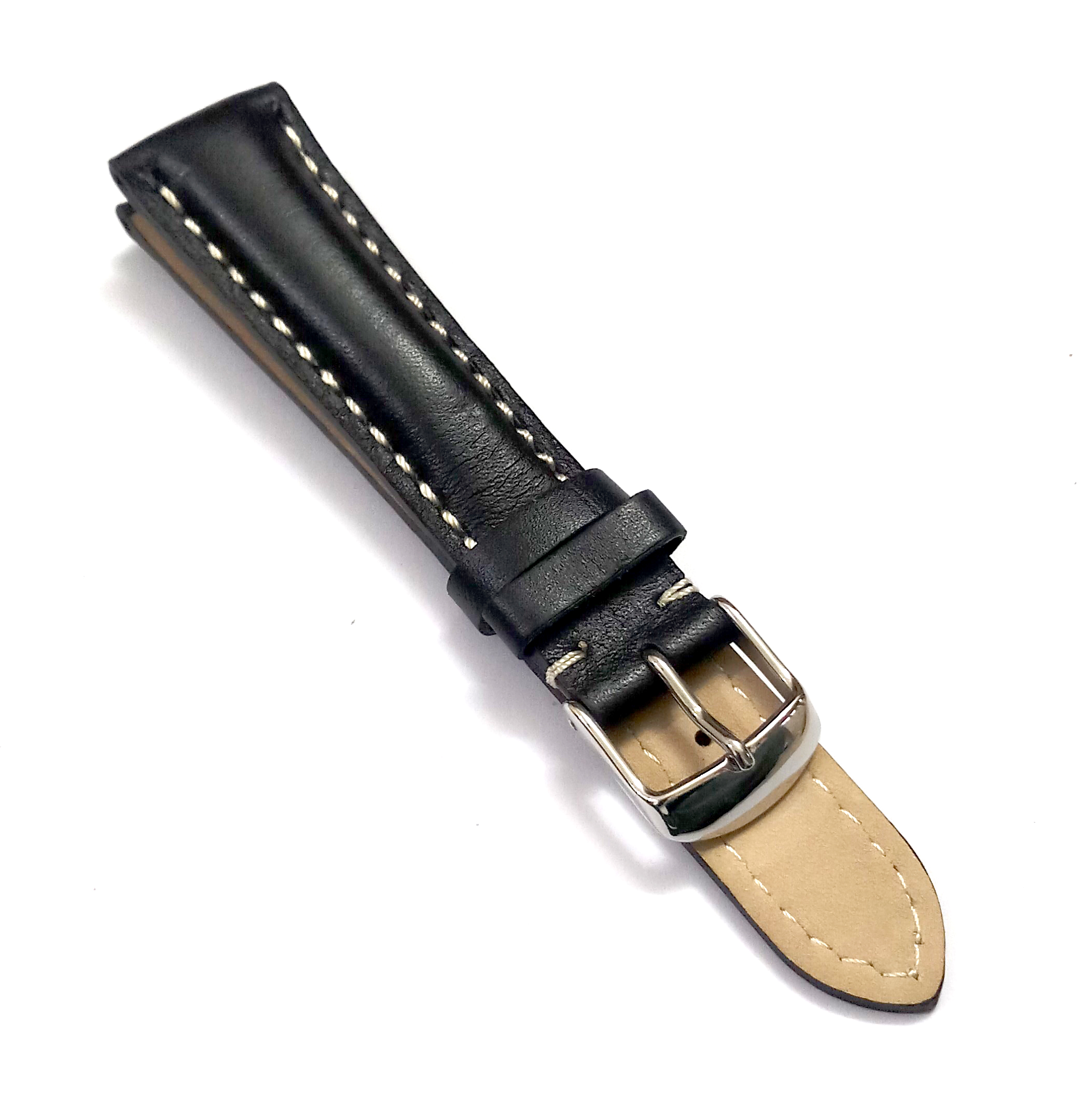 18mmm Genuine Leather Black With White Stich Watch Band Strap for Men and Women | Comfortable and Durable Material | Silver Buckle