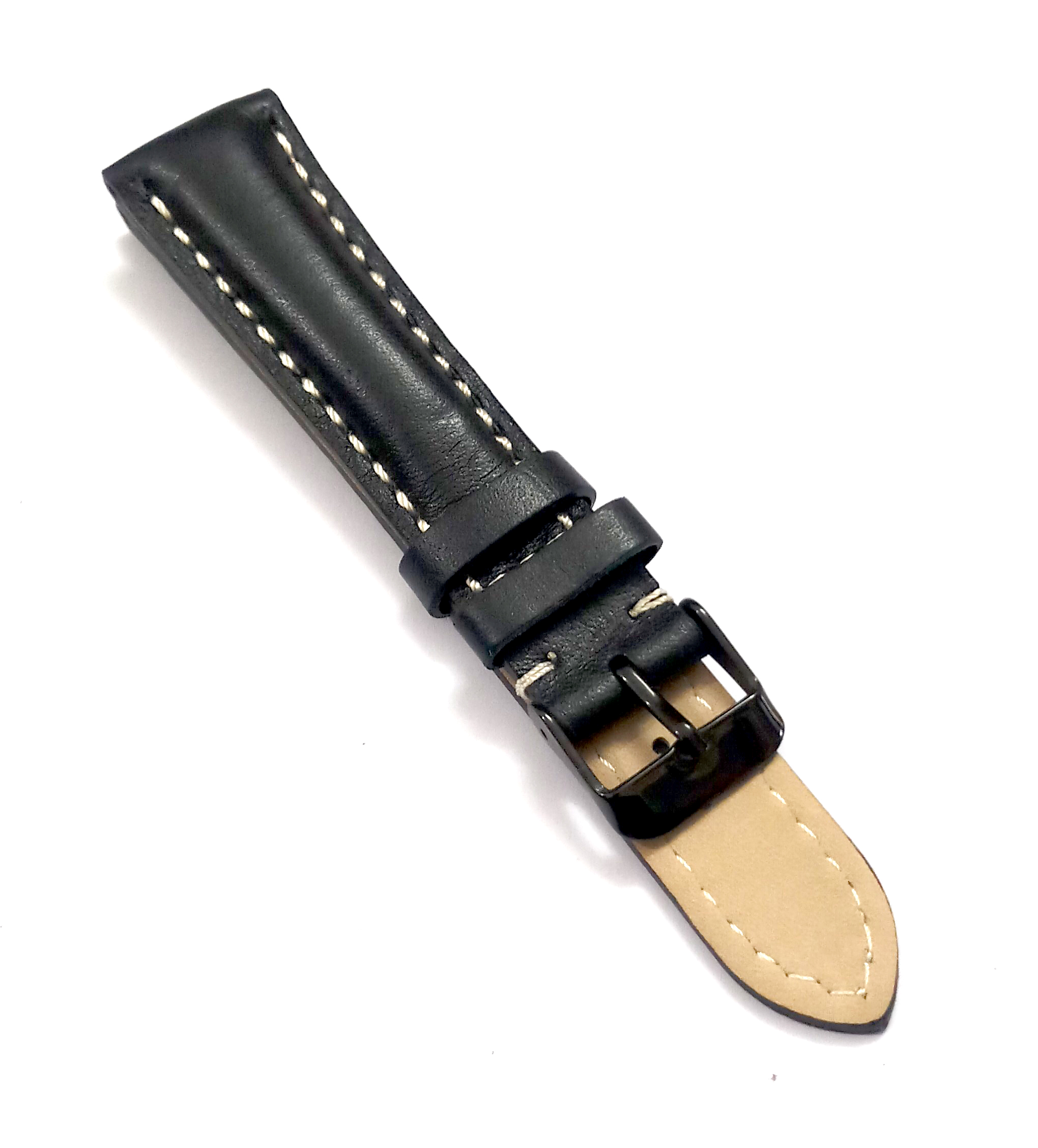 18mmm Genuine Leather Black With White Stich Watch Band Strap for Men and Women | Comfortable and Durable Material | Black Buckle