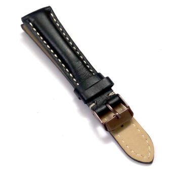 20mm Genuine Leather Black With White Stich Watch Band Strap for Men and Women | Comfortable and Durable Material | Dark Brown Buckle