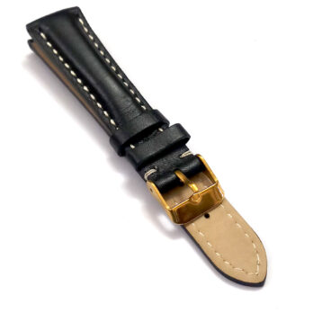20mm Genuine Leather Black With White Stich Watch Band Strap for Men and Women | Comfortable and Durable Material | Yellow Buckle