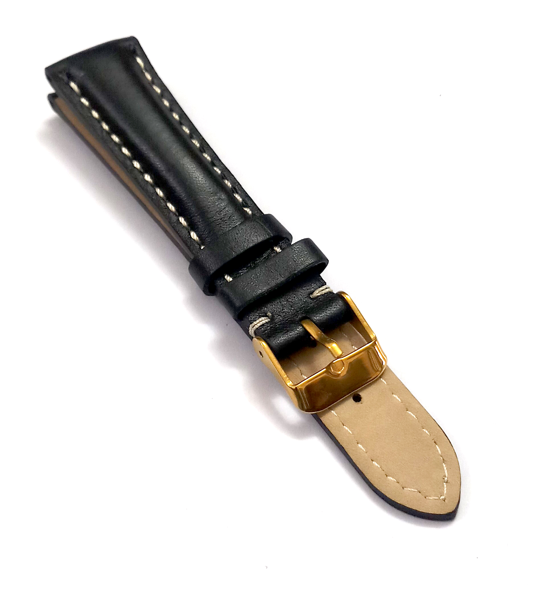 18mmm Genuine Leather Black With White Stich Watch Band Strap for Men and Women | Comfortable and Durable Material | Yellow Buckle