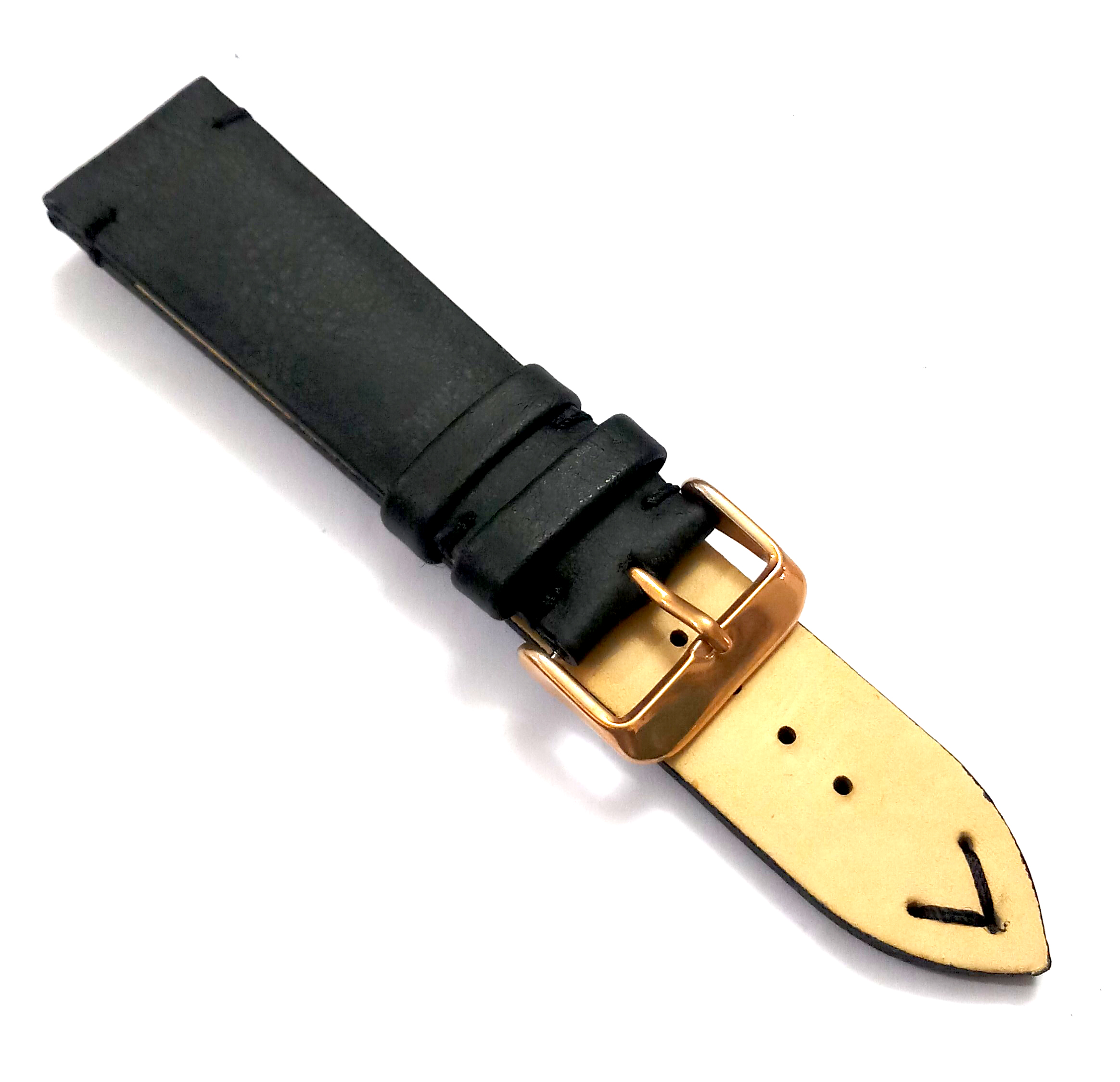 22mmm Genuine Leather Black With Black Stich Watch Band Strap for Men and Women | Comfortable and Durable Material | Rose Buckle - Image 4