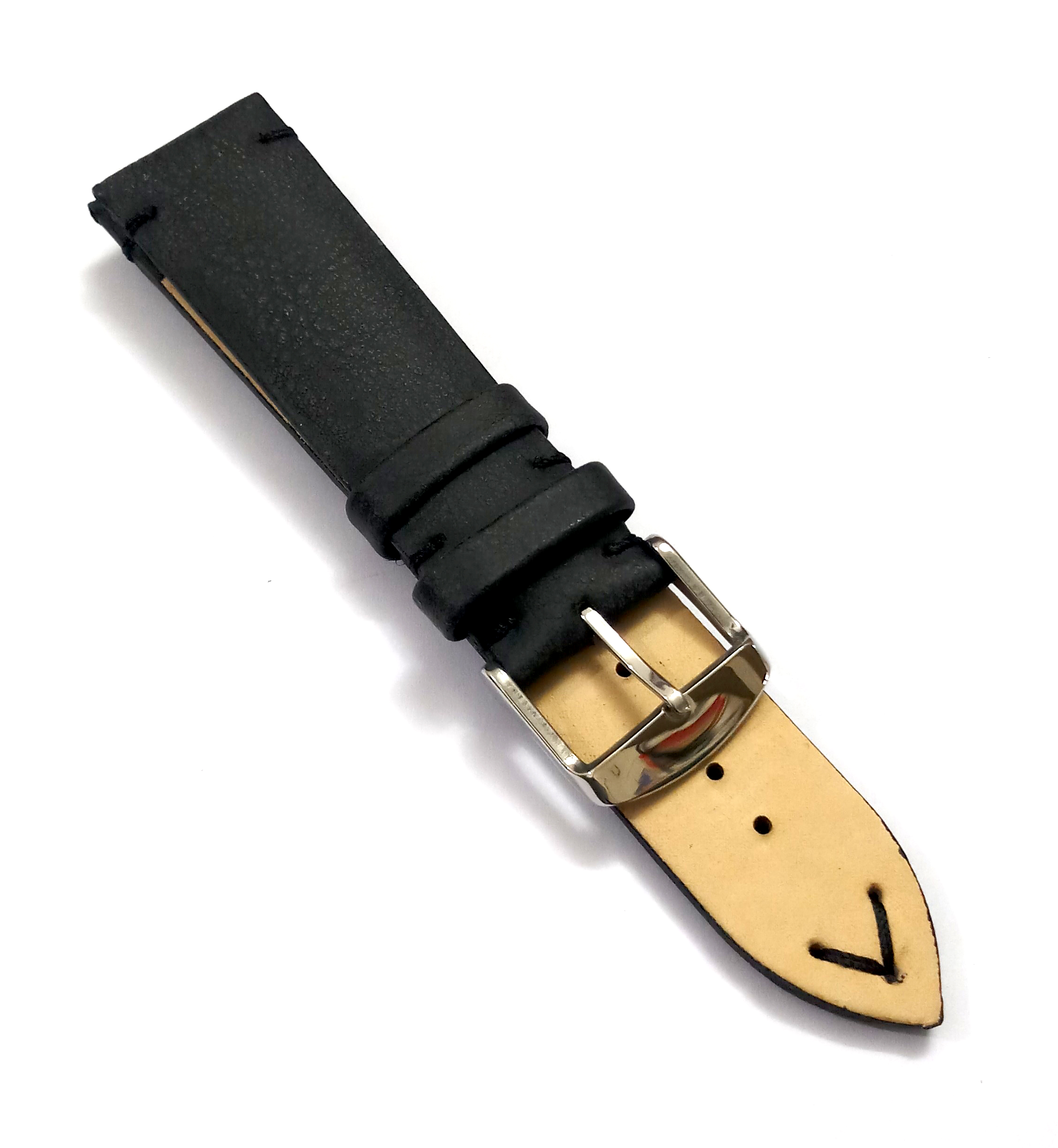 22mmm Genuine Leather Black With Black Stich Watch Band Strap for Men and Women | Comfortable and Durable Material | Silver Buckle - Image 6