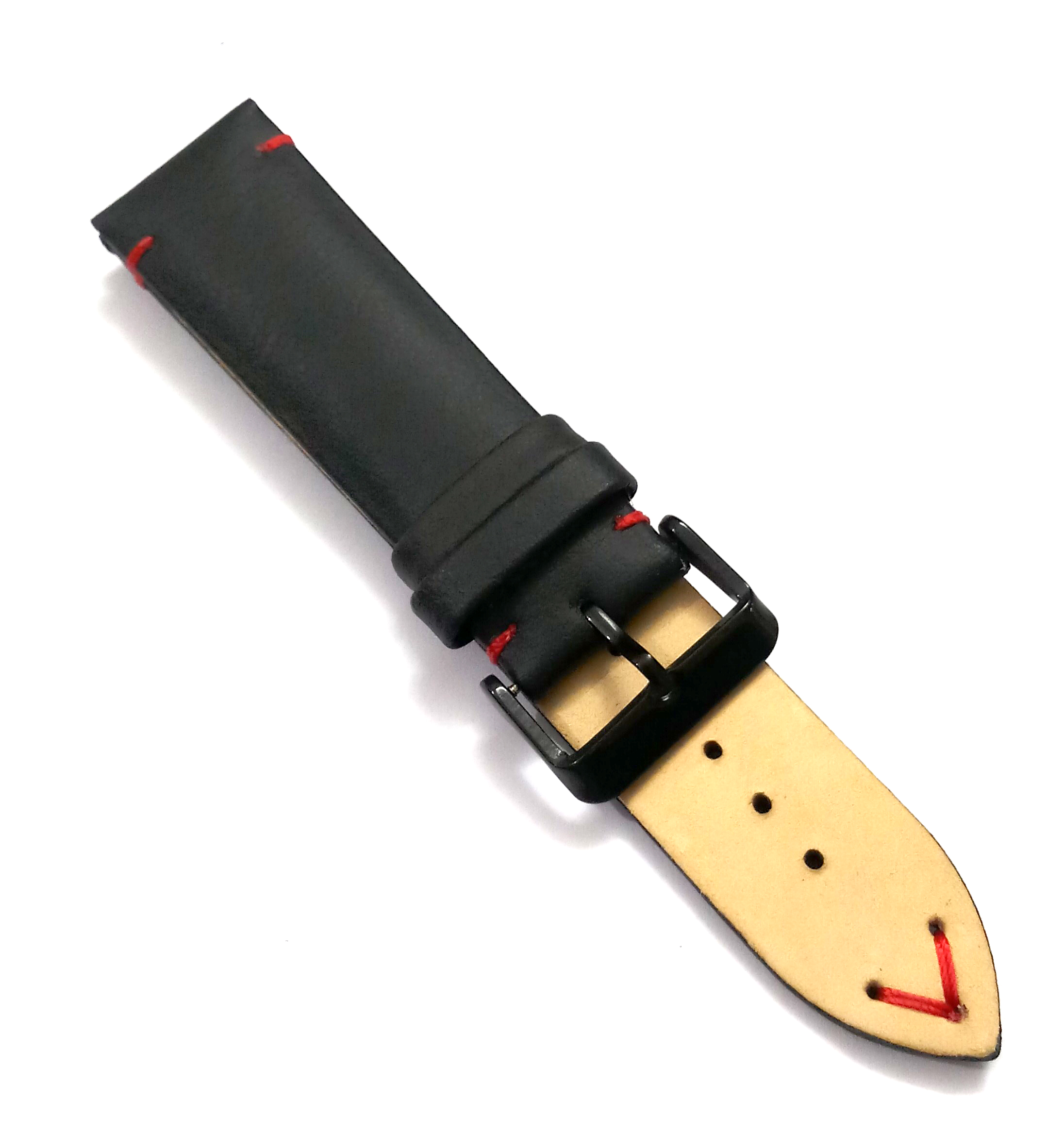 22mmm Genuine Leather Black With Red Stich Watch Band Strap for Men and Women | Comfortable and Durable Material | Black Buckle - Image 6