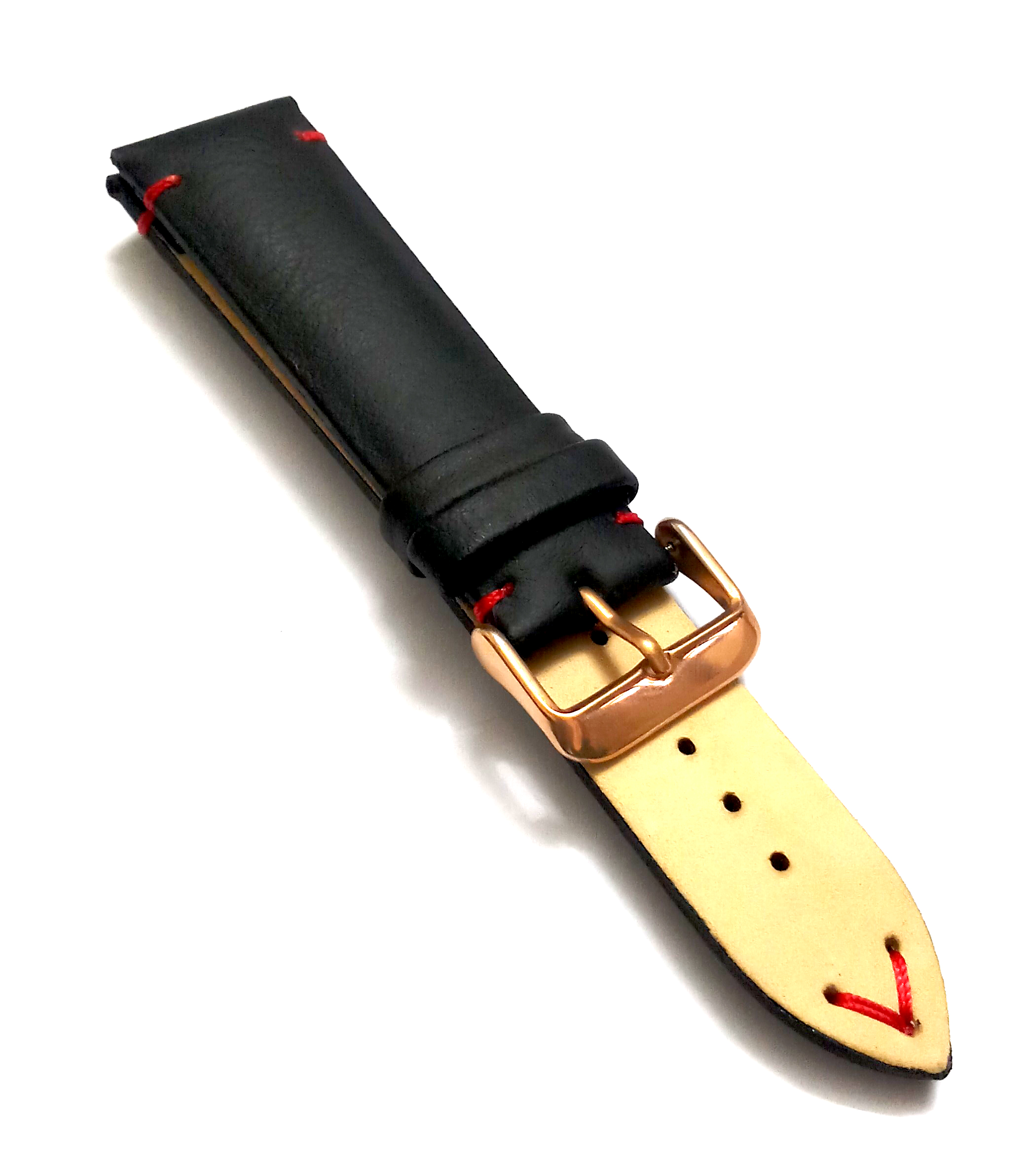 22mmm Genuine Leather Black With Red Stich Watch Band Strap for Men and Women | Comfortable and Durable Material | Rose Buckle - Image 5