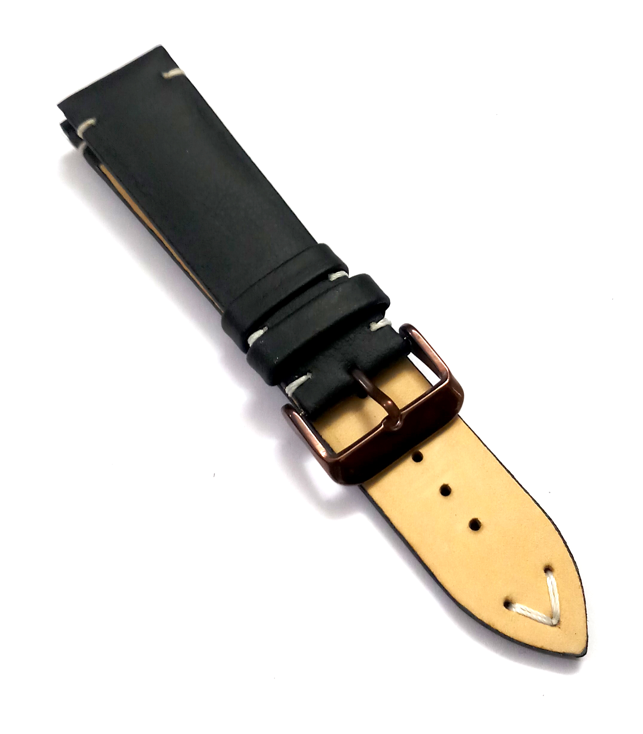 22mmm Genuine Leather Black With White Stich Watch Band Strap for Men and Women | Comfortable and Durable Material | Dark Brown Buckle - Image 5