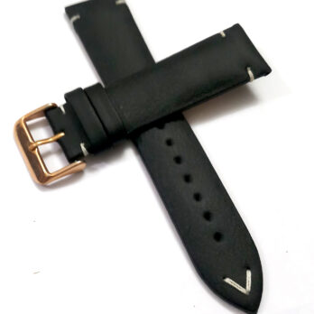 22mmm Genuine Leather Black With White Stich Watch Band Strap for Men and Women | Comfortable and Durable Material | Rose Buckle