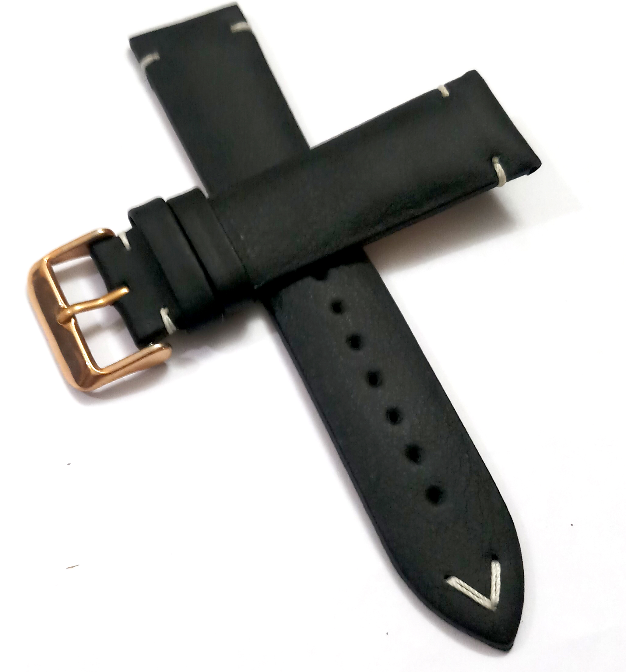 22mmm Genuine Leather Black With White Stich Watch Band Strap for Men and Women | Comfortable and Durable Material | Rose Buckle - Image 2