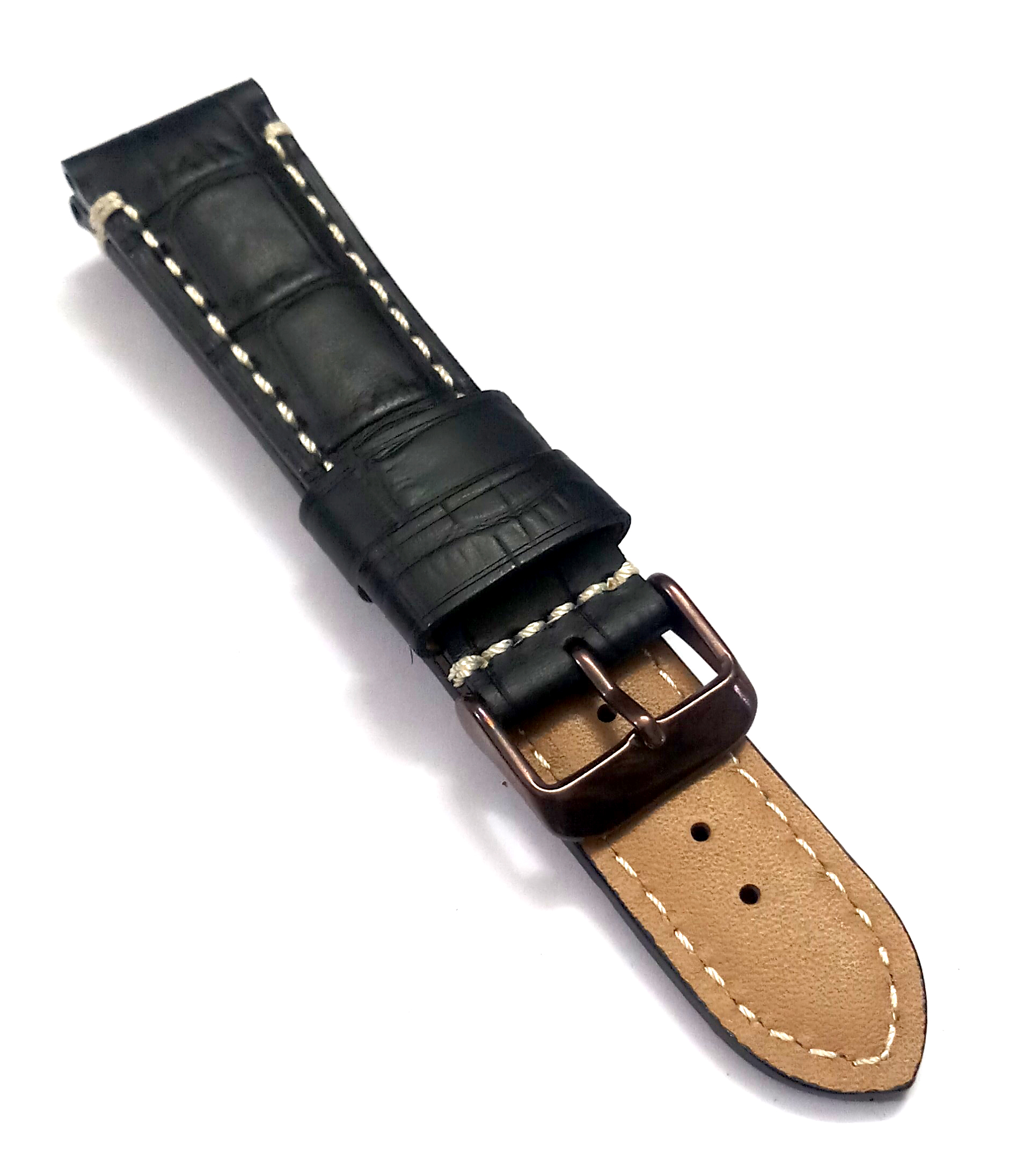 22mmm Genuine Leather Black With White Stich Watch Band Strap for Men and Women | Comfortable and Durable Material | Dark Brown-Buckle - Image 6