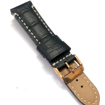 22mmm Genuine Leather Black With White Stich Watch Band Strap for Men and Women | Comfortable and Durable Material | Rose-Buckle