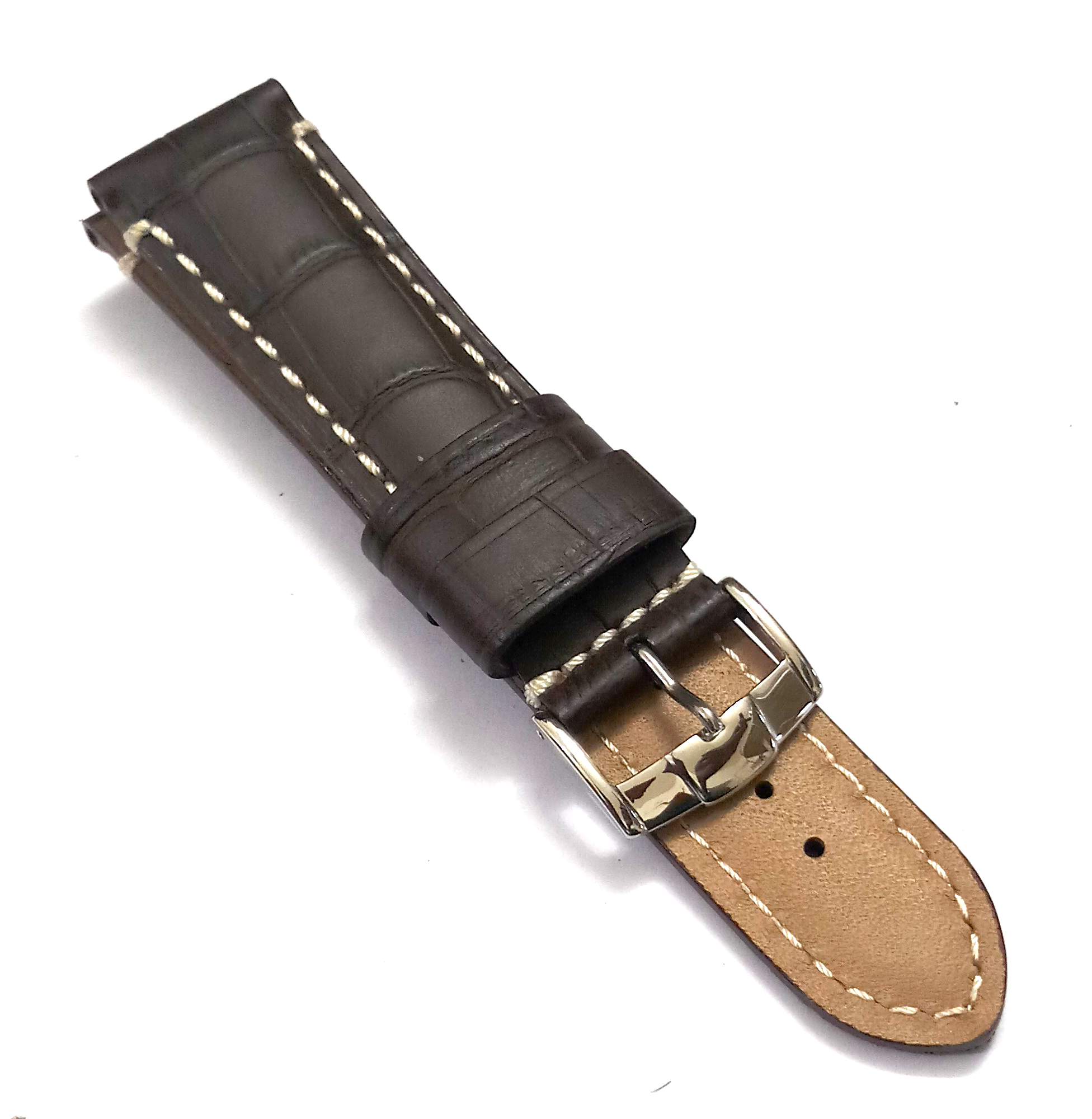 22mmm Genuine Leather Dark Brown With White Stich Watch Band Strap for Men and Women | Comfortable and Durable Material | Silver Buckle - Image 6