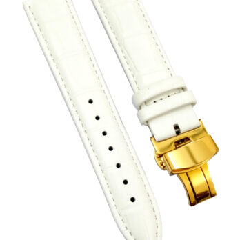 24mm Genuine Leather Watch Band Strap Fits XL AUTO White With White Stich Deployment Golden Buckle