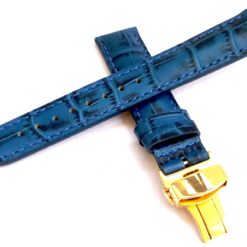 23mm Genuine Leather Blue With Blue Stich Watch Band Strap for Men and Women | Comfortable and Durable Material | Deployment Yellow Buckle