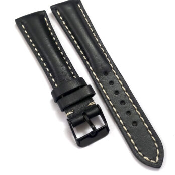 18mmm Genuine Leather Black With White Stich Watch Band Strap for Men and Women | Comfortable and Durable Material | Black Buckle