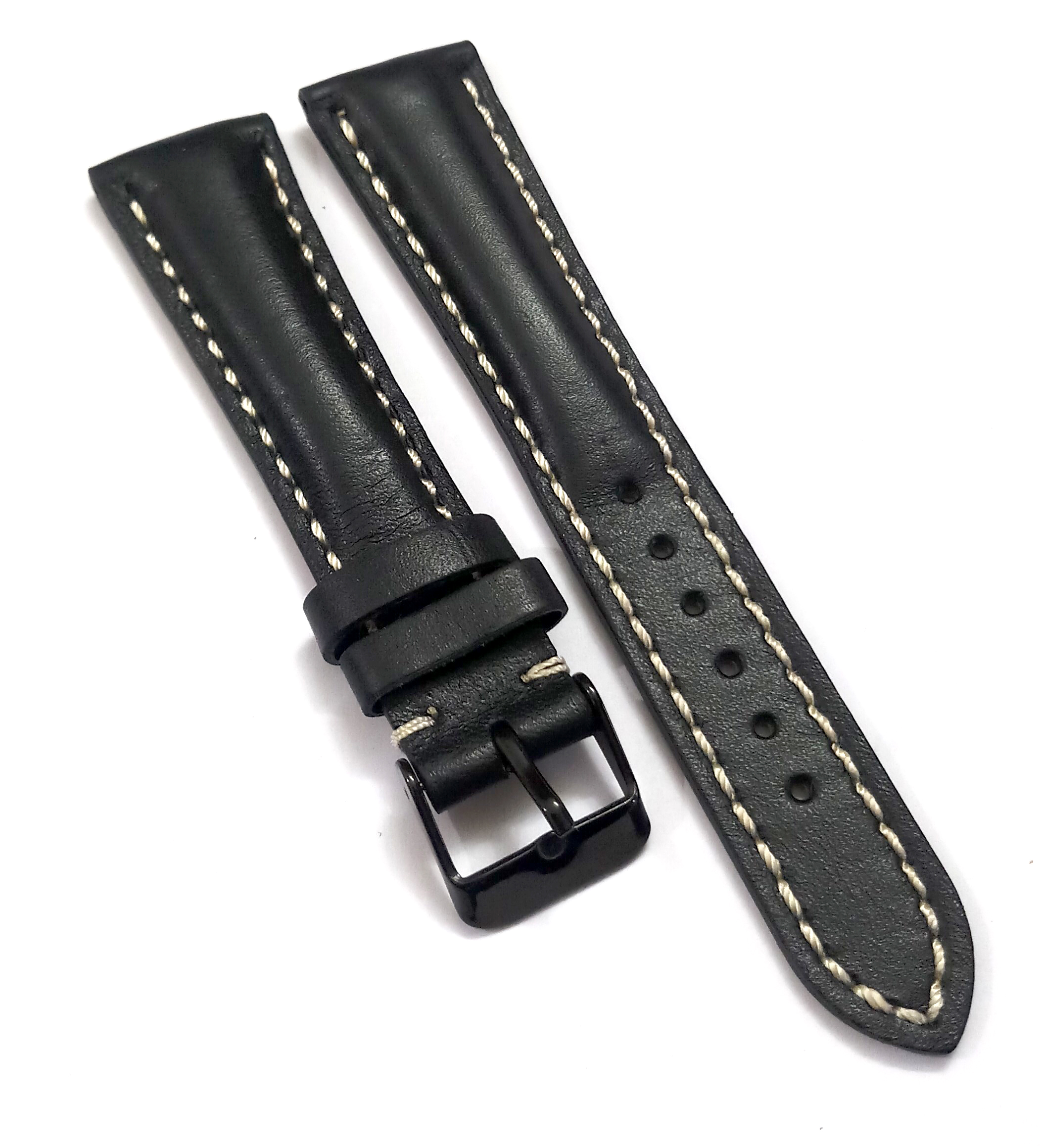 18mmm Genuine Leather Black With White Stich Watch Band Strap for Men and Women | Comfortable and Durable Material | Black Buckle - Image 2