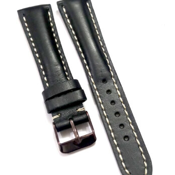 20mm Genuine Leather Black With White Stich Watch Band Strap for Men and Women | Comfortable and Durable Material | Dark Brown Buckle