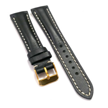 20mm Genuine Leather Black With White Stich Watch Band Strap for Men and Women | Comfortable and Durable Material | Yellow Buckle