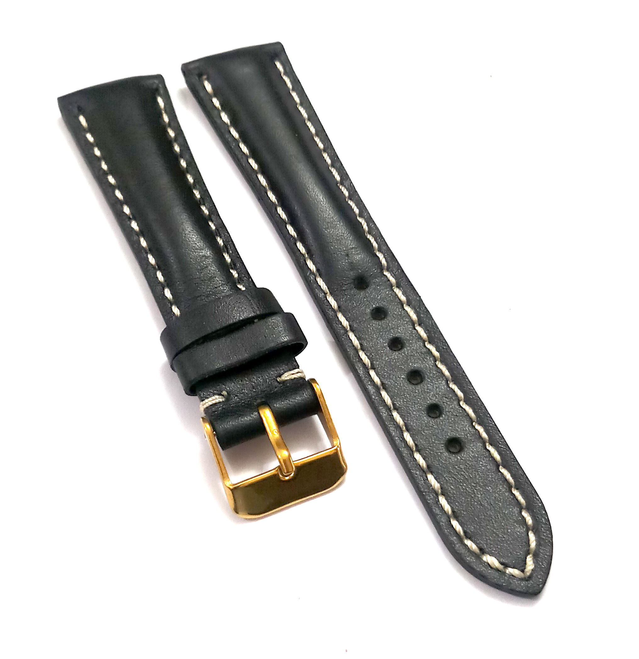 18mmm Genuine Leather Black With White Stich Watch Band Strap for Men and Women | Comfortable and Durable Material | Yellow Buckle - Image 2
