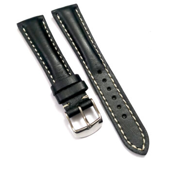 18mmm Genuine Leather Black With White Stich Watch Band Strap for Men and Women | Comfortable and Durable Material | Silver Buckle