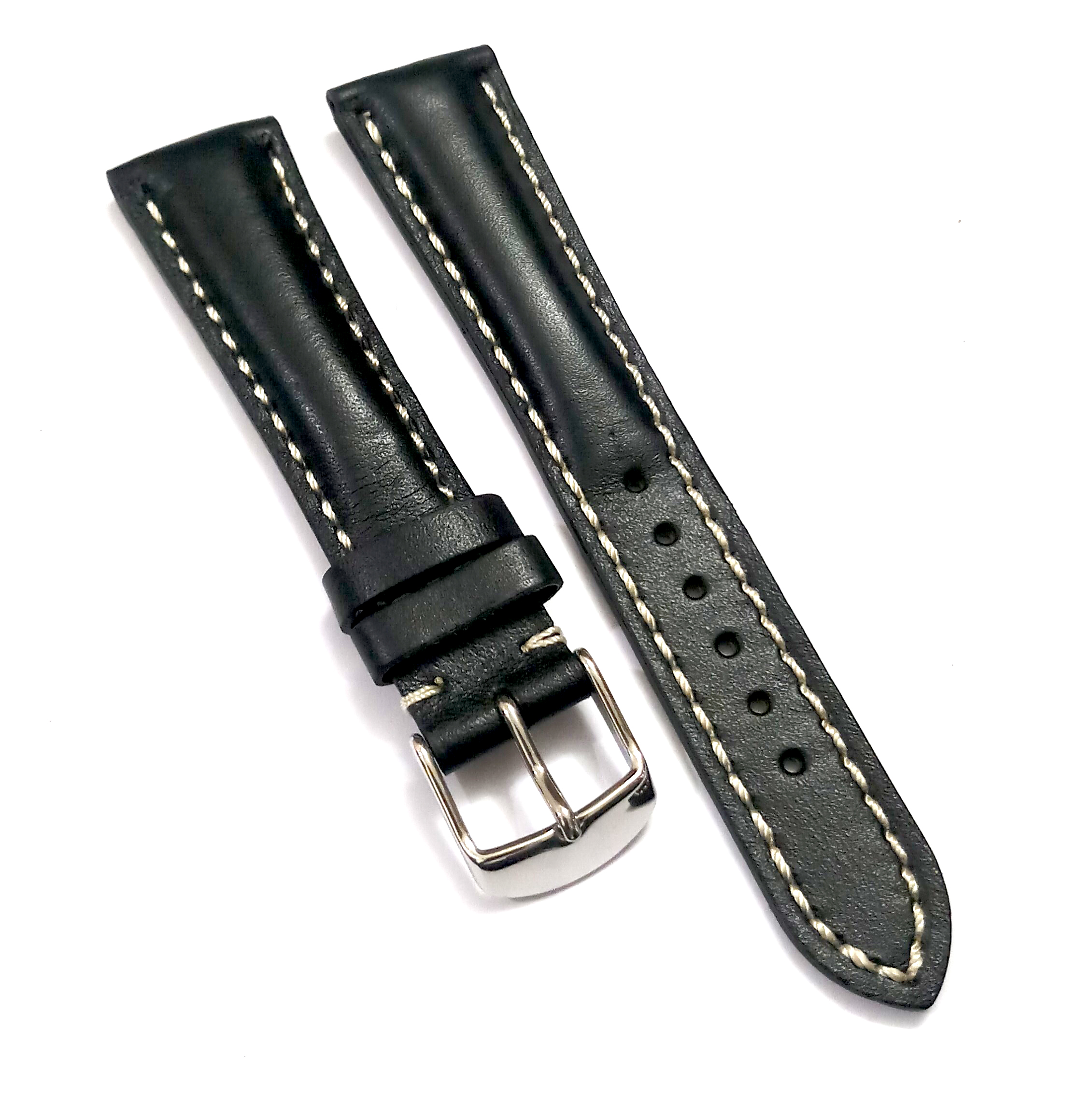 18mmm Genuine Leather Black With White Stich Watch Band Strap for Men and Women | Comfortable and Durable Material | Silver Buckle - Image 2