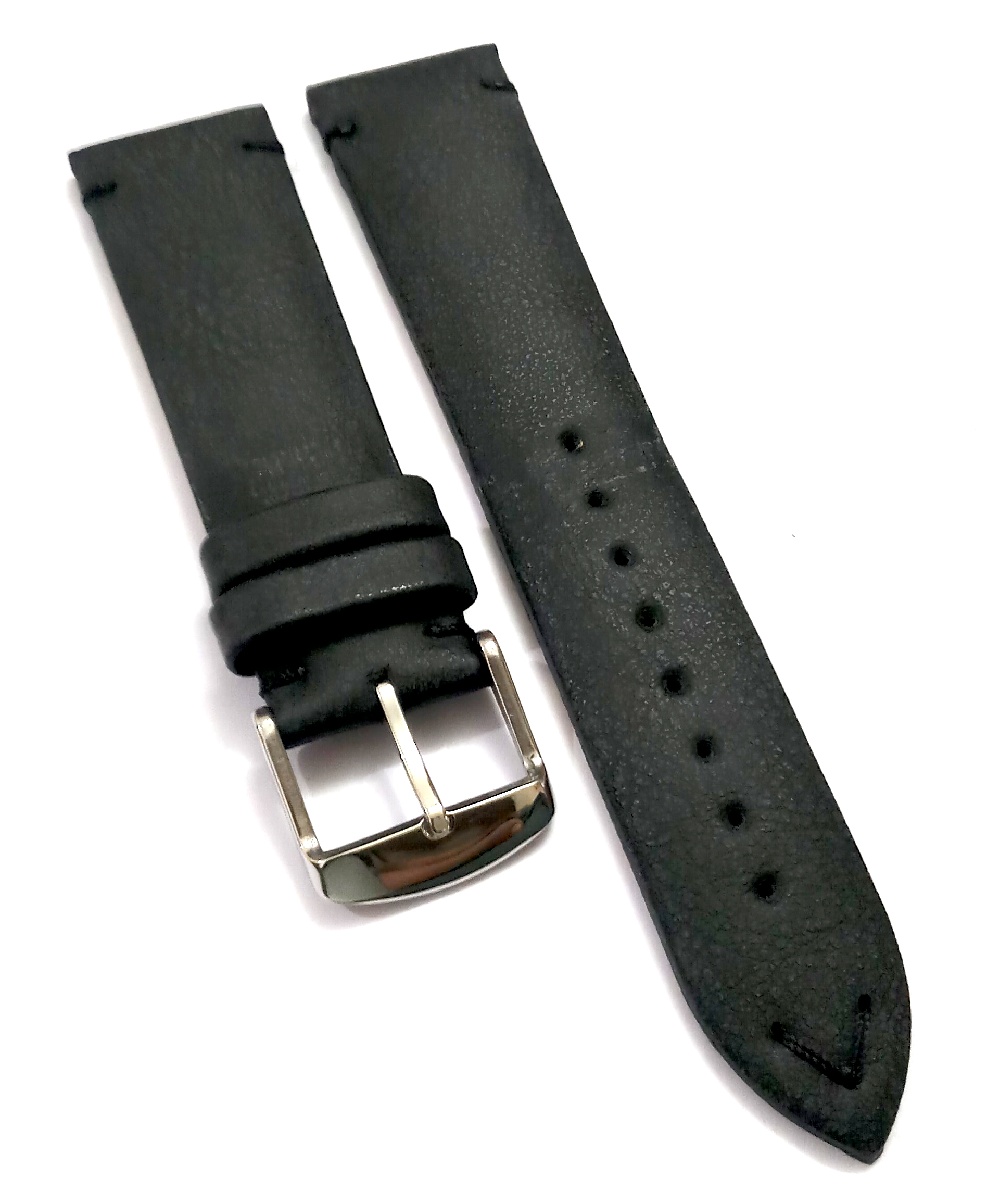 22mmm Genuine Leather Black With Black Stich Watch Band Strap for Men and Women | Comfortable and Durable Material | Silver Buckle - Image 3