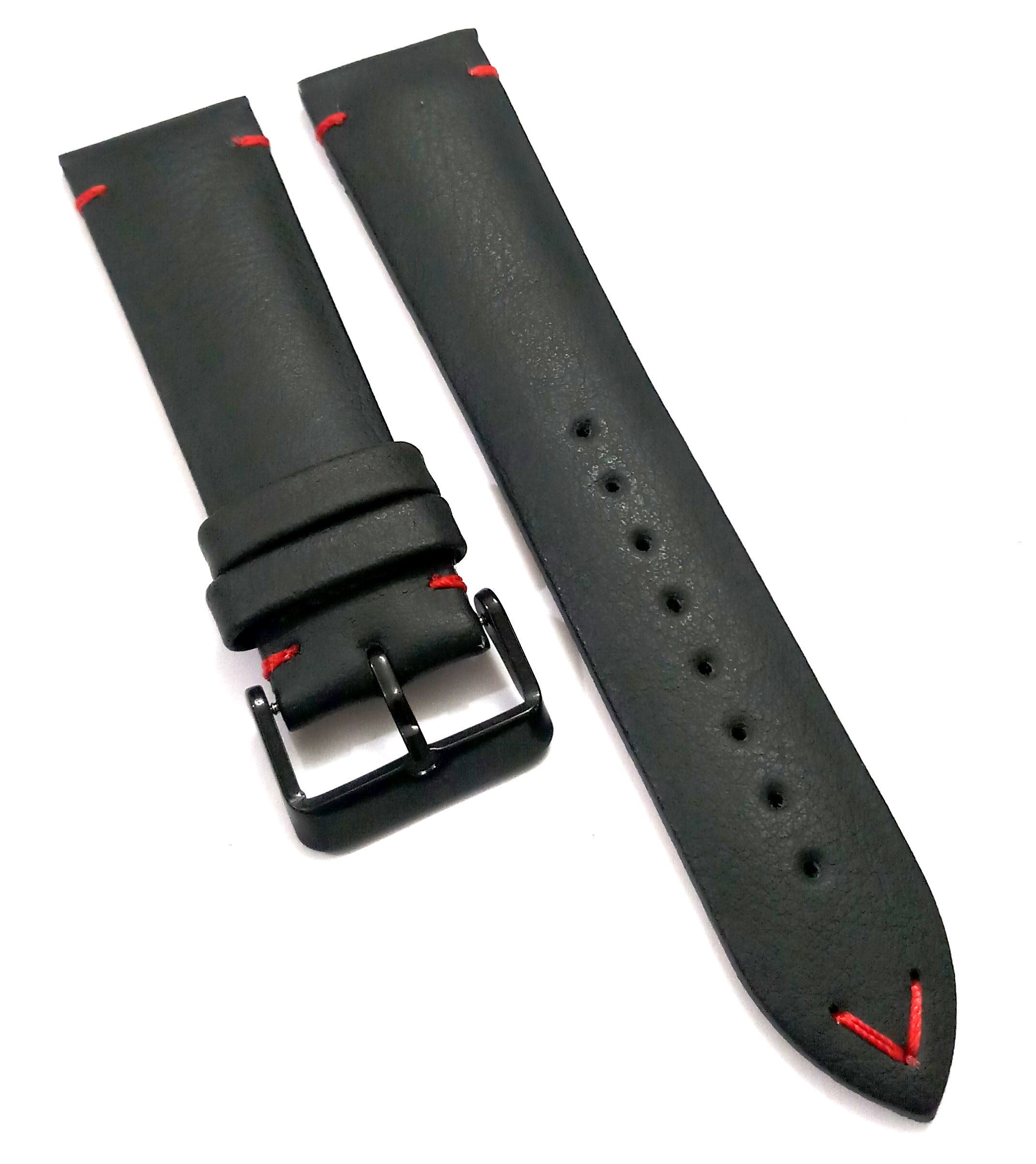 22mmm Genuine Leather Black With Red Stich Watch Band Strap for Men and Women | Comfortable and Durable Material | Black Buckle - Image 3