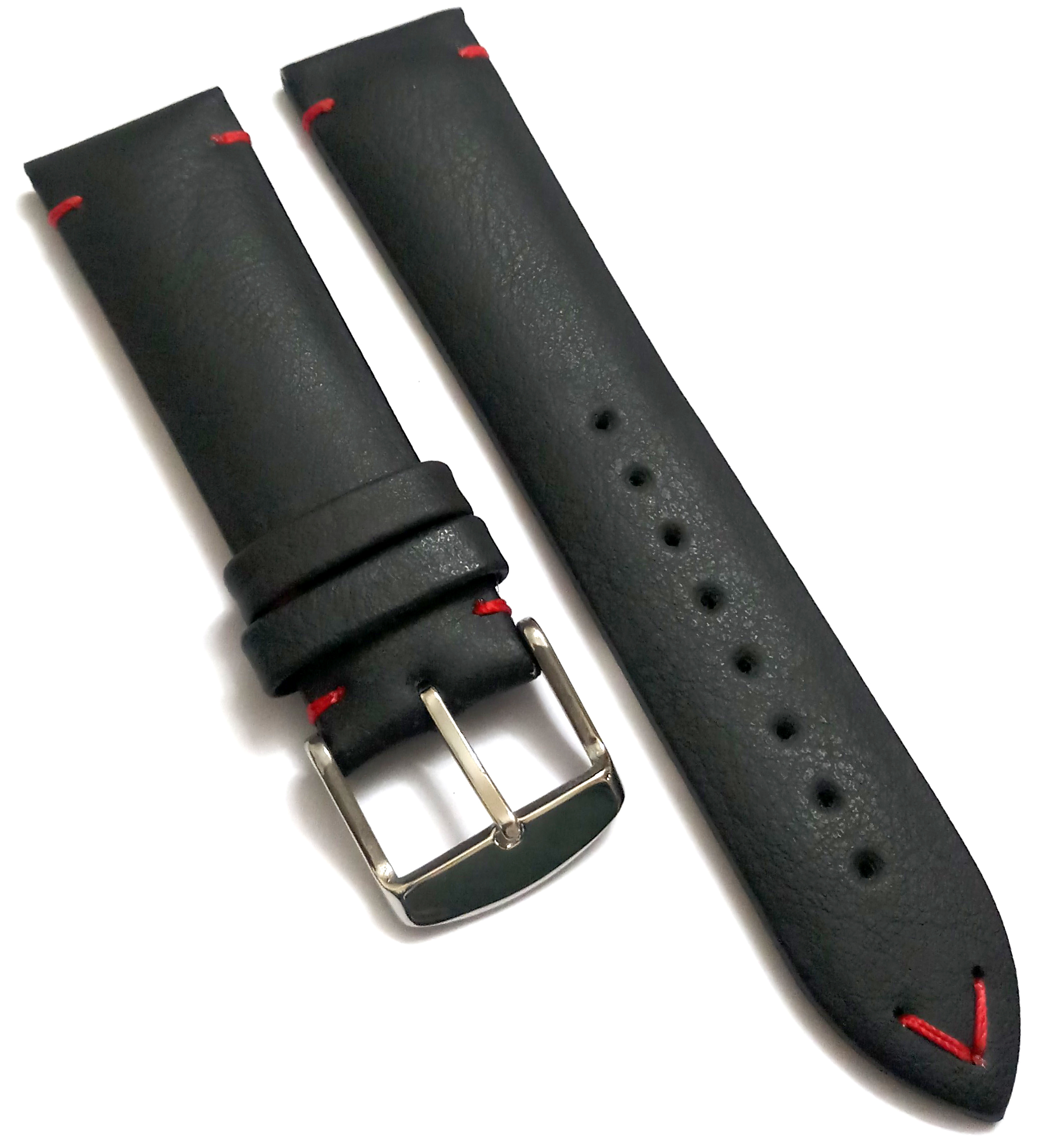 22mmm Genuine Leather Black With Red Stich Watch Band Strap for Men and Women | Comfortable and Durable Material | Silver Buckle - Image 5