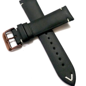 22mmm Genuine Leather Black With White Stich Watch Band Strap for Men and Women | Comfortable and Durable Material | Dark Brown Buckle