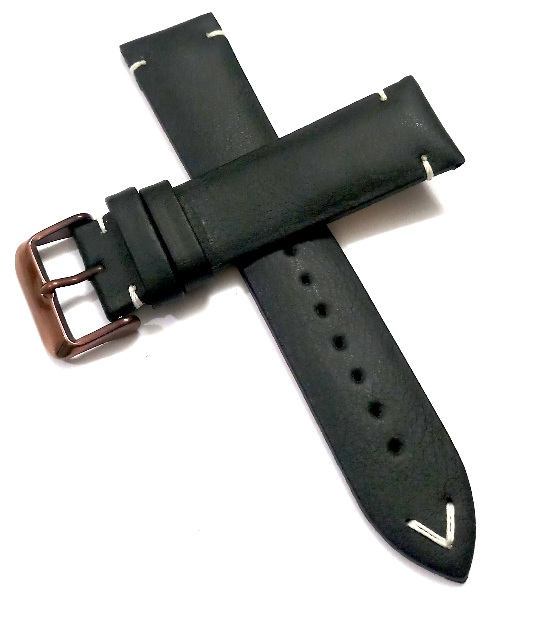 22mmm Genuine Leather Black With White Stich Watch Band Strap for Men and Women | Comfortable and Durable Material | Dark Brown Buckle - Image 2