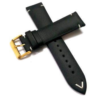 22mmm Genuine Leather Black With White Stich Watch Band Strap for Men and Women | Comfortable and Durable Material | Golden Buckle