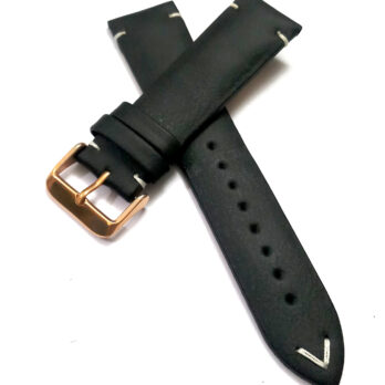 22mmm Genuine Leather Black With White Stich Watch Band Strap for Men and Women | Comfortable and Durable Material | Rose Buckle