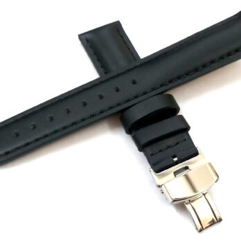 21mm Genuine Leather Black With Black Stich Watch Band Strap for Men and Women | Comfortable and Durable Material | Deployment Silver Buckle